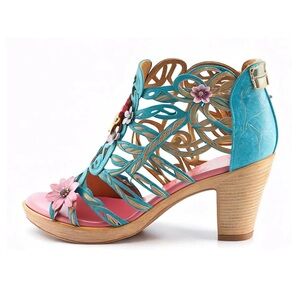 Blooming Vine Cutout Floral Sandals – Turquoise & Pink – Size US 9/9.5 (EU 40)